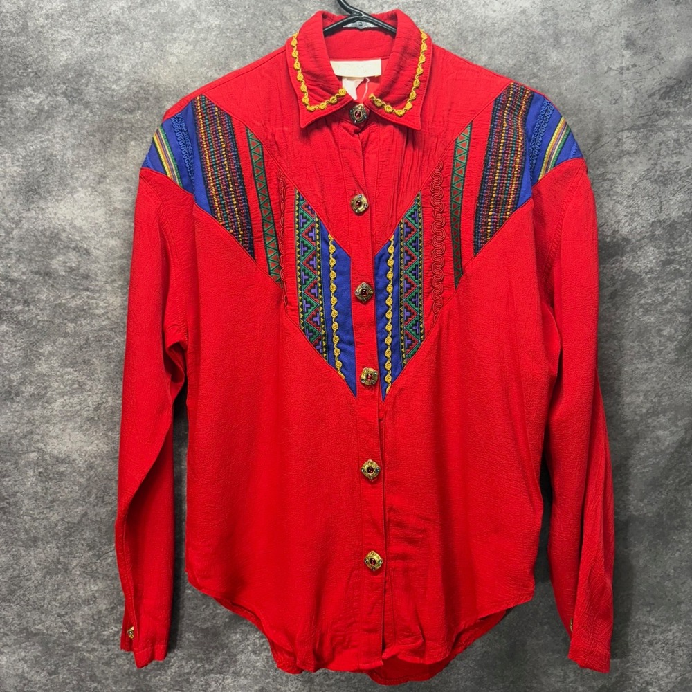 VTG 90s Cache Western Aztec Embroidered Button Up Shirt Size S Red Jewel Buttons